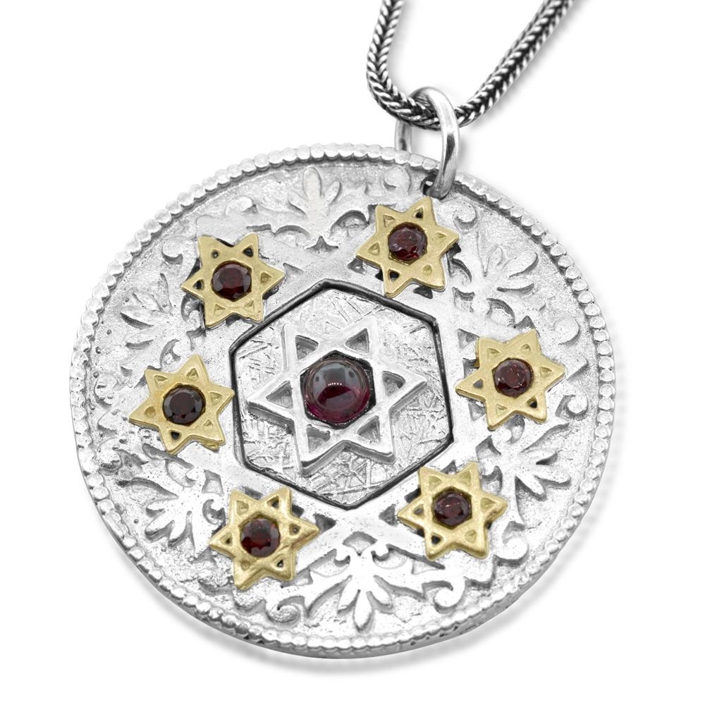 Deluxe Silver and Gold Star of David Necklace with 72 Holy Names and Red Garnets - 3
