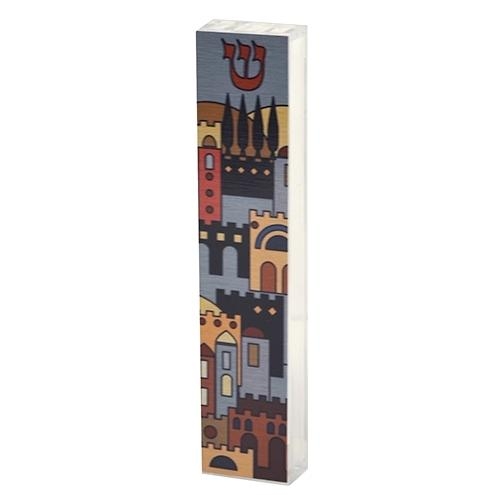 Dorit Judaica Acrylic Mezuzah Case with Aluminum Front - Jerusalem - 1