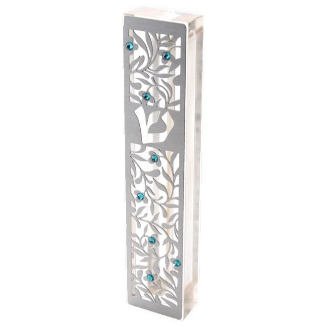 Dorit Judaica Acrylic Mezuzah Case with Steel and Swarovski Crystals - Flowers (Turquoise) - 1