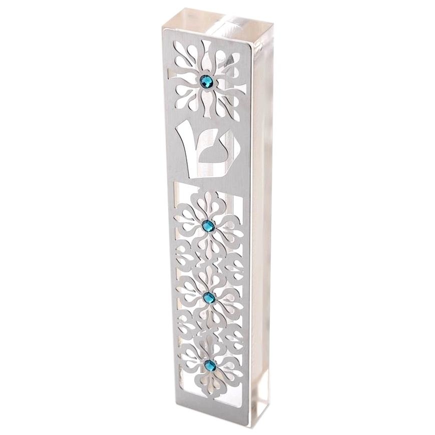 Dorit Judaica Acrylic Mezuzah Case with Laser-Cut Steel and Swarovski Stone- Flowers - 1