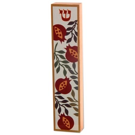 Dorit Judaica Wood and Aluminum Mezuzah Case - Pomegranates and Olive Branches - 1