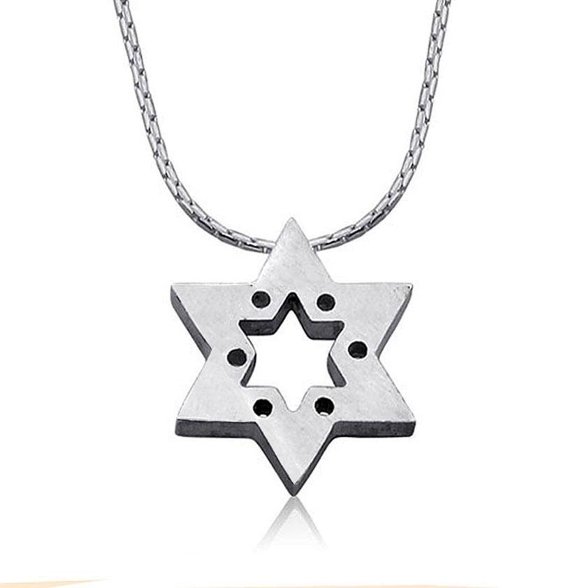 Drilled and Brushed Silver Star of David Necklace - 1