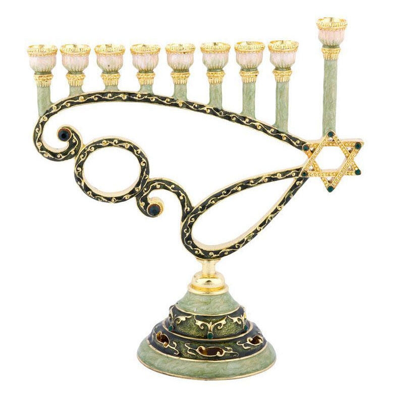 Enameled and Jeweled Pewter Menorah - Star of David and Swirls (Green/Amber) - 1
