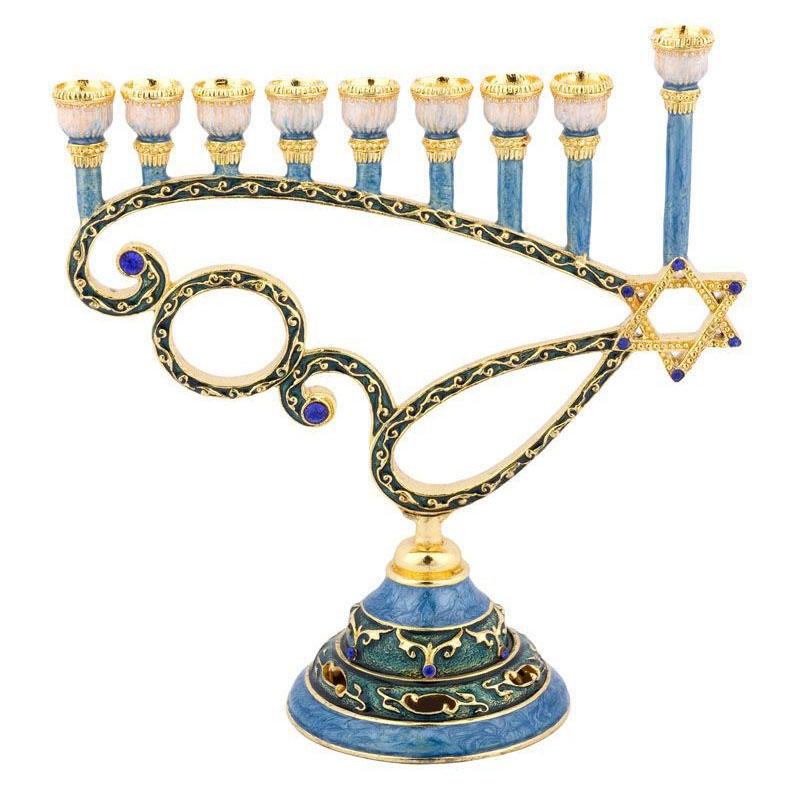 Enameled and Jeweled Pewter Menorah - Star of David and Swirls (Turquoise/Sapphire) - 1