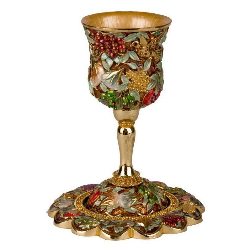  Enameled and Jeweled Stemmed Pewter Kiddush Cup and Saucer - 7 Species (Bronze) - 1
