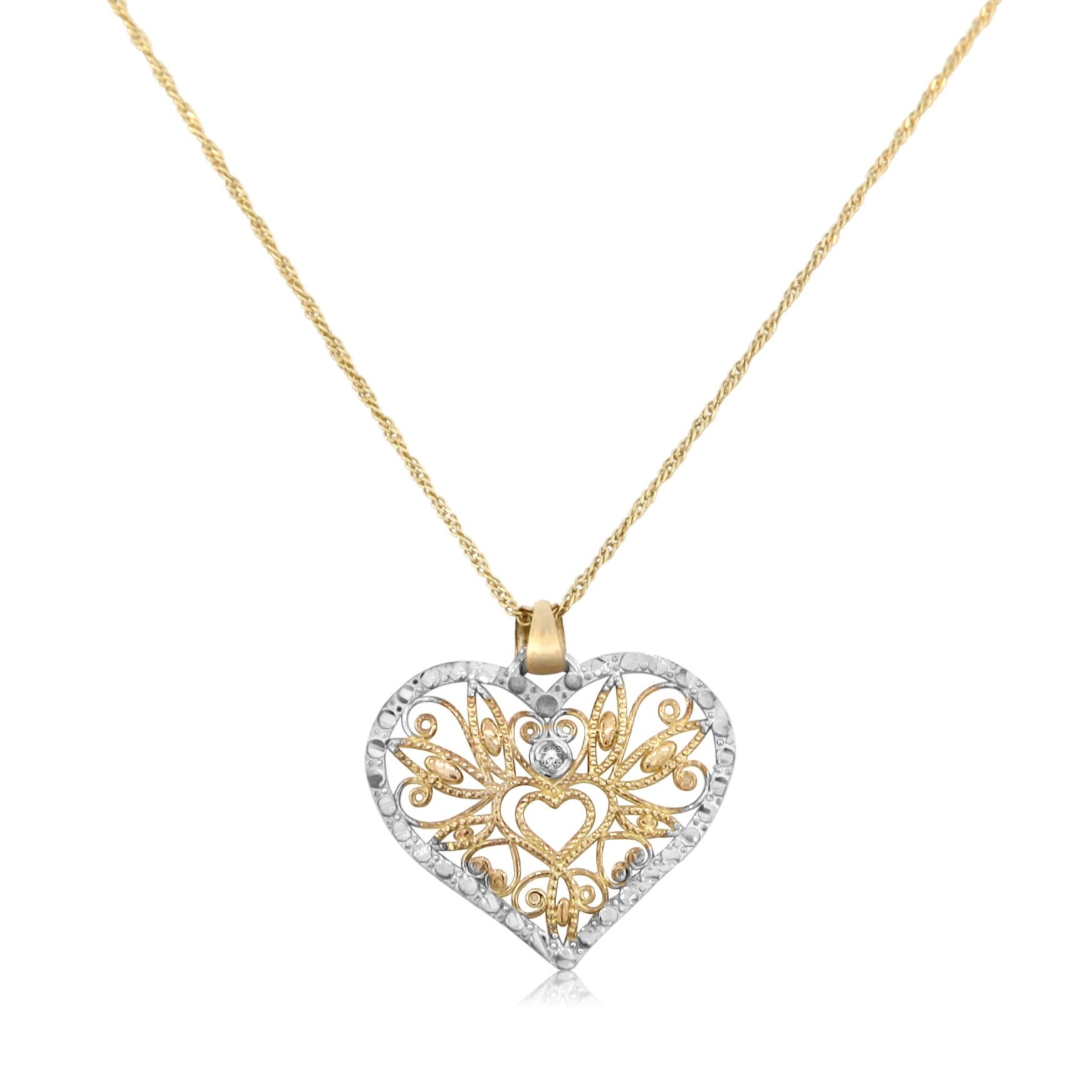 Filigree: 14K Gold Heart Pendant with Diamond - 1