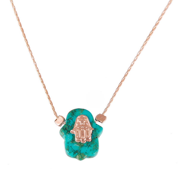  Gold Plated and Turquoise Stone Hamsa Necklace - 1