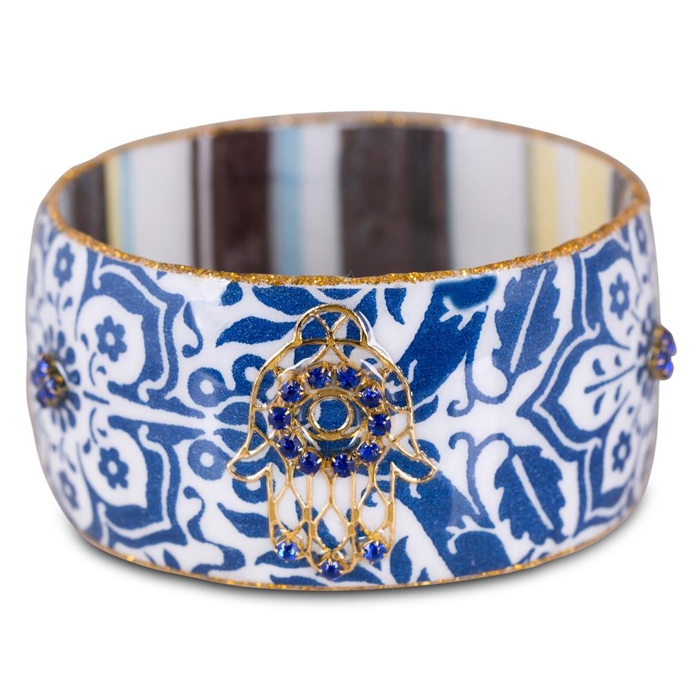 Hamsa: Iris Design Hand Painted Bangle with Czech Stones (Blue and White Design) - 1