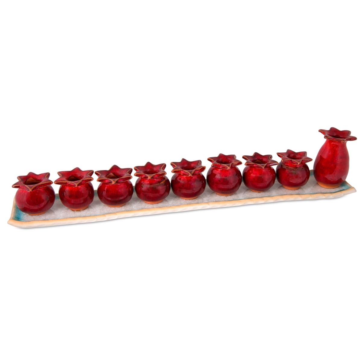 Handmade Ceramic Pomegranate Hanukkah Menorah - Red  - 1