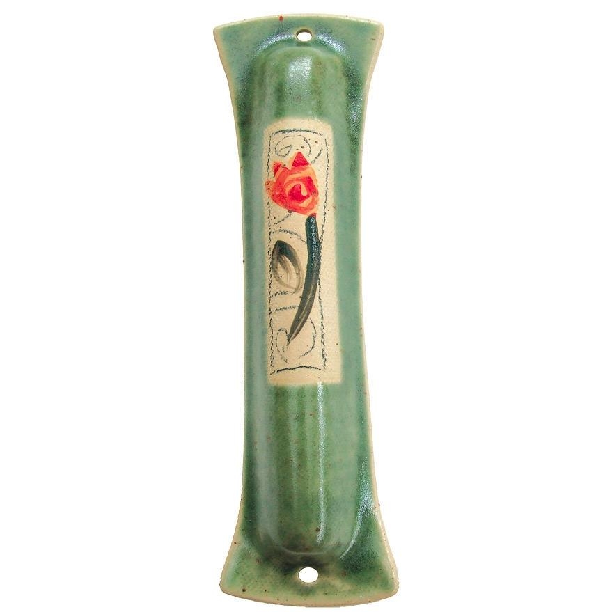 Handmade Green Ceramic Mezuzah Case - Tulip - 1