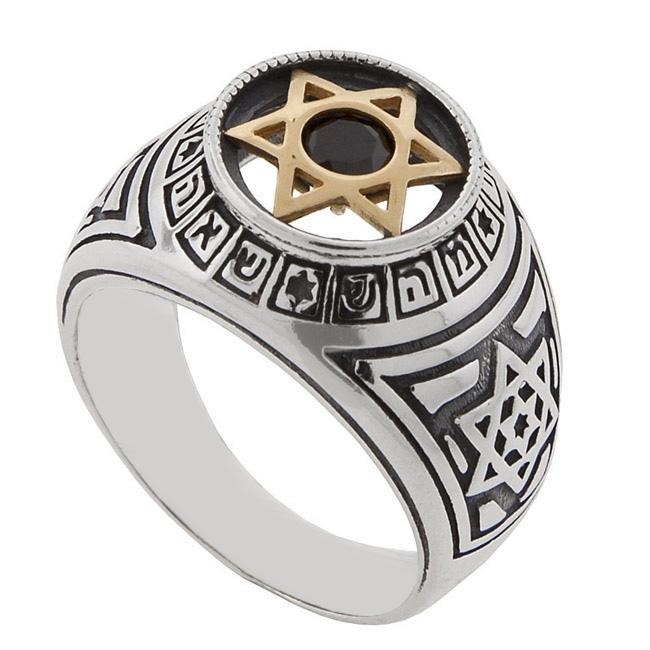 Holy Names: Silver & Gold Star of David Signet Ring with Onyx - 1