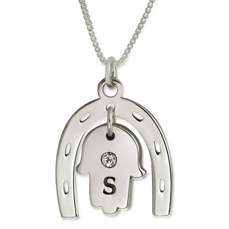 Silver Initialized Horseshoe Necklace with Hamsa and Crystal (Hebrew / English) - 1