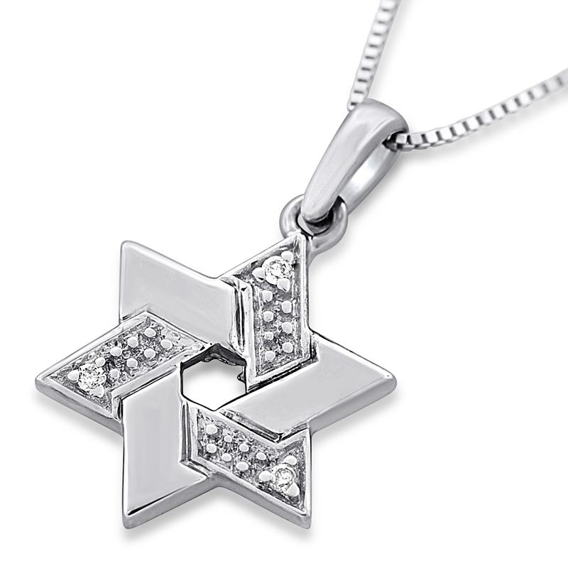 Interlocking Star of David: 14K White Gold Necklace with 3 Diamonds (Contrast) - 1