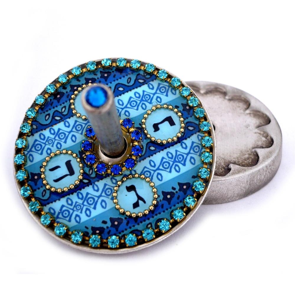 Iris Design Hand Painted Blue Ornament Dreidel with Swarovski Stones  - 2