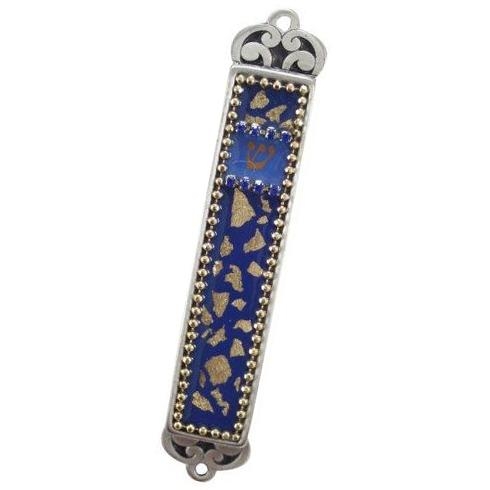 Iris Design Hand Painted Blue and Gold Speckle Mezuzah Case  - 1