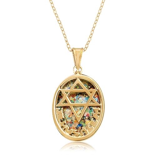 14K Gold and Roman Glass Star of David and Jerusalem Pendant - 1