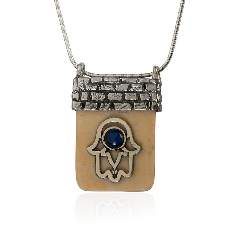 Jerusalem Stone and Silver Hamsa Necklace with Sapphire - 2