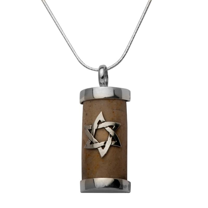 Jerusalem Stone and Silver Mezuzah Necklace - Star of David - 2