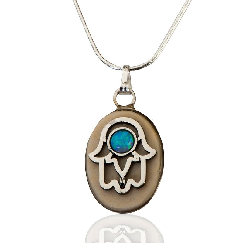 Jerusalem Stone and Silver Oval Hamsa Necklace with Opal - 1