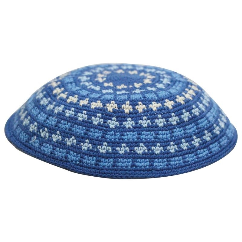 Knitted Blue Kippah with Beige and Blue Design - 1
