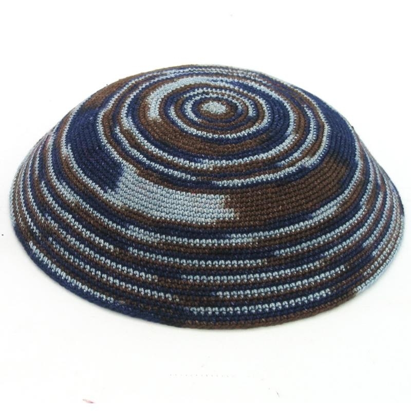 Knitted Circular Kippah: Navy Blue, Brown and Gray - 1