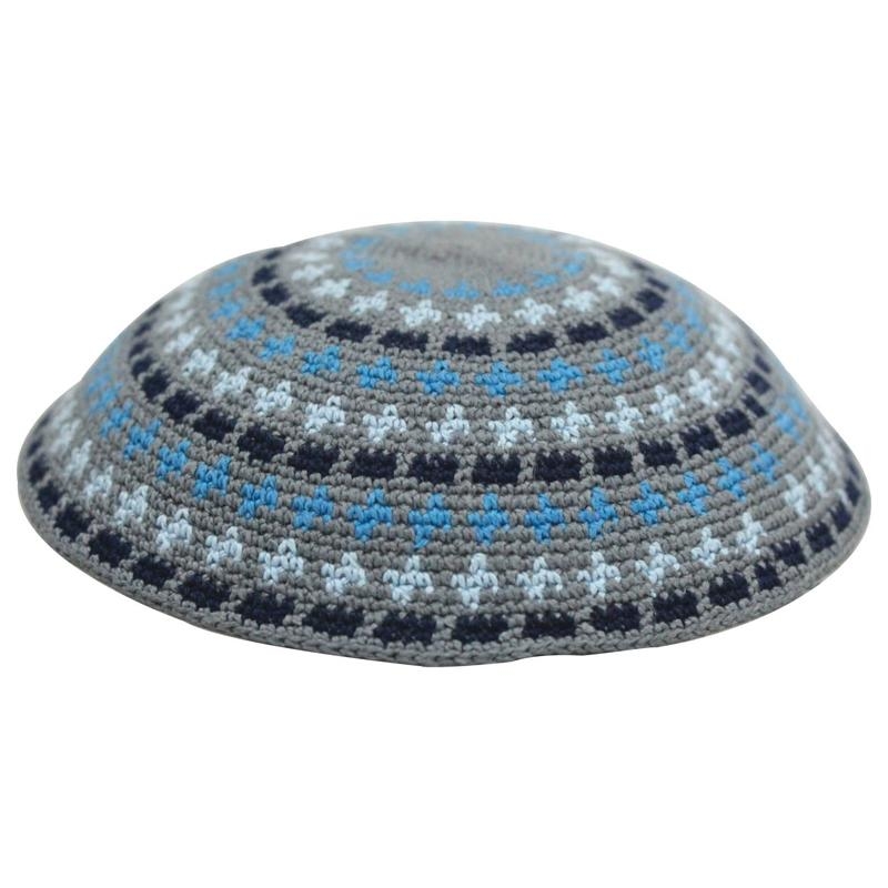 Knitted Gray Kippah with Blue Design - 1