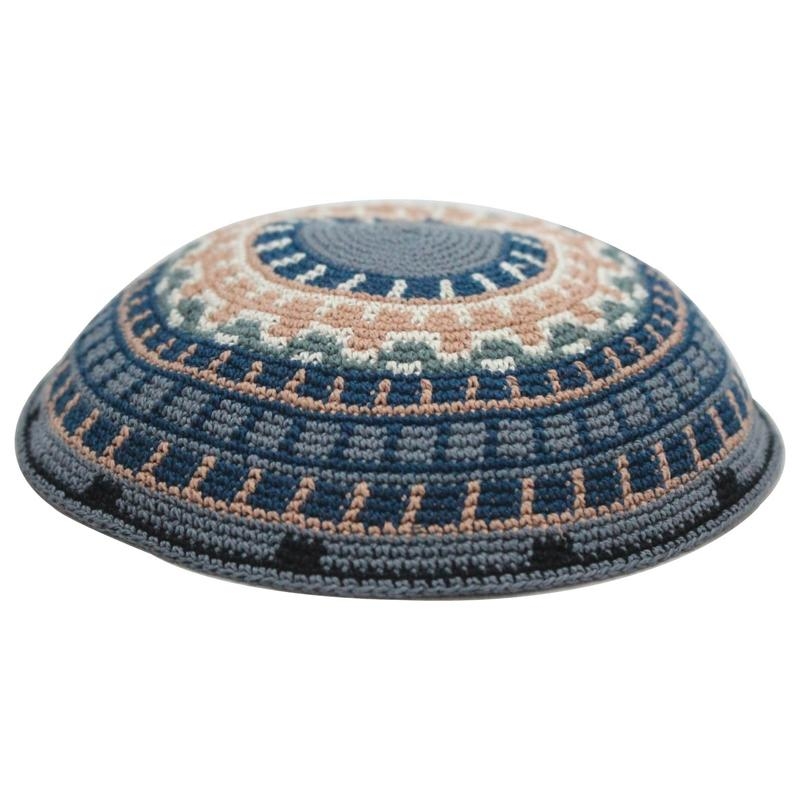 Knitted Kippah: Gray, Brown and Green Design - 1