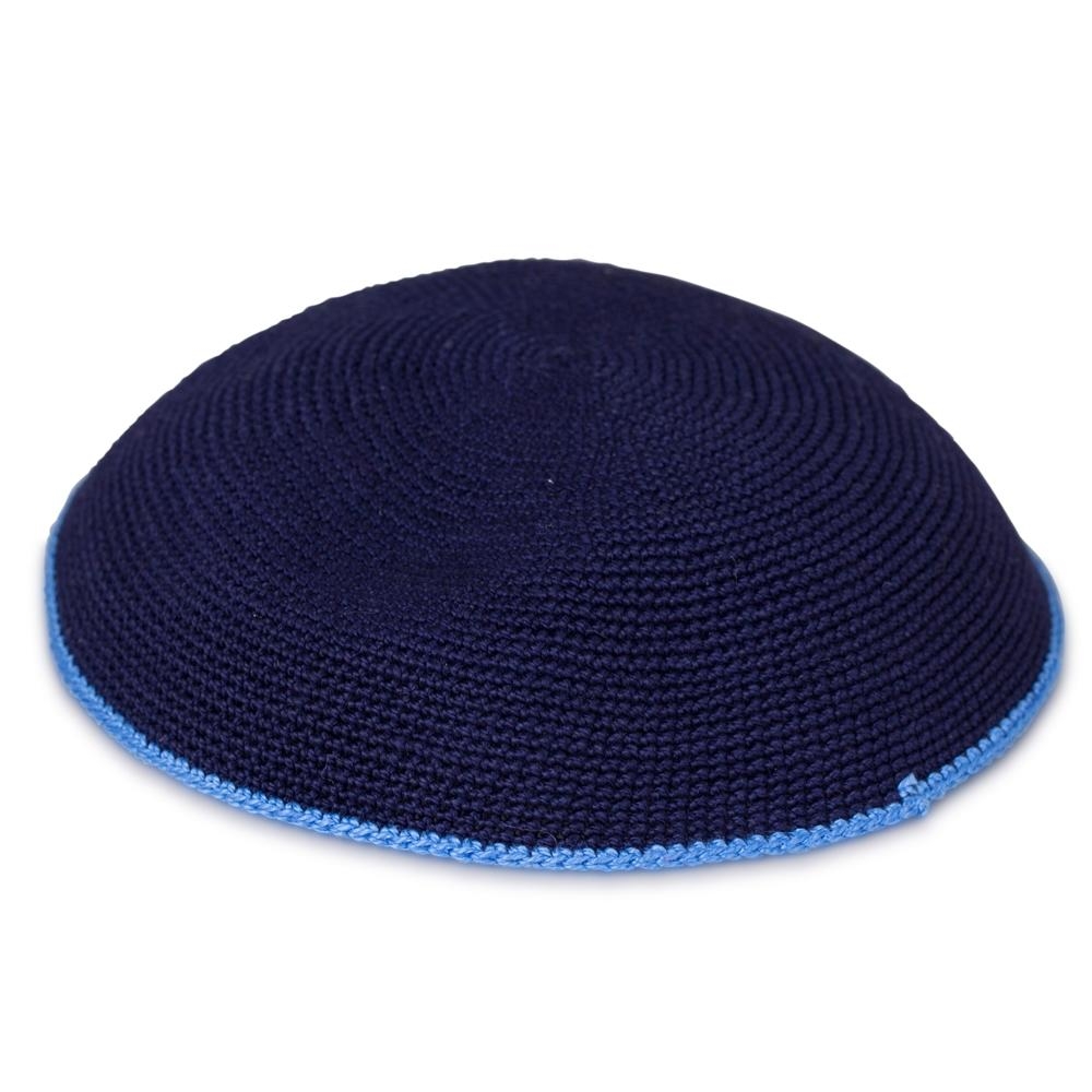 Knitted Navy Blue Kippah with Blue Border - 1