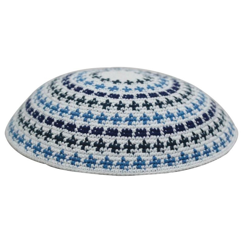 Knitted White Kippah with Blue and Black Design - 1