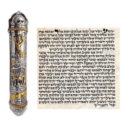  Mezuzah Parchment (5.9" X 5.9") with Silver Jerusalem Mezuza Case (KR-Z-143) - 1