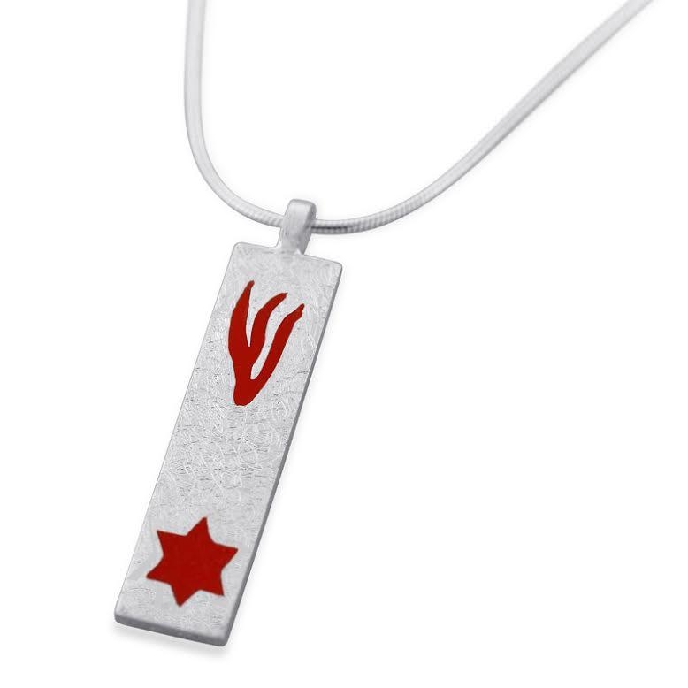 Mezuzah: Textured Silver Necklace with Enamel Shin & Star of David - Choice of Colors - 2