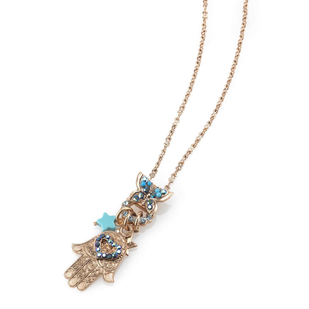 Ocean: 24K Gold Plated Hamsa and Star of David Charm Necklace with Gems by AMARO - 1