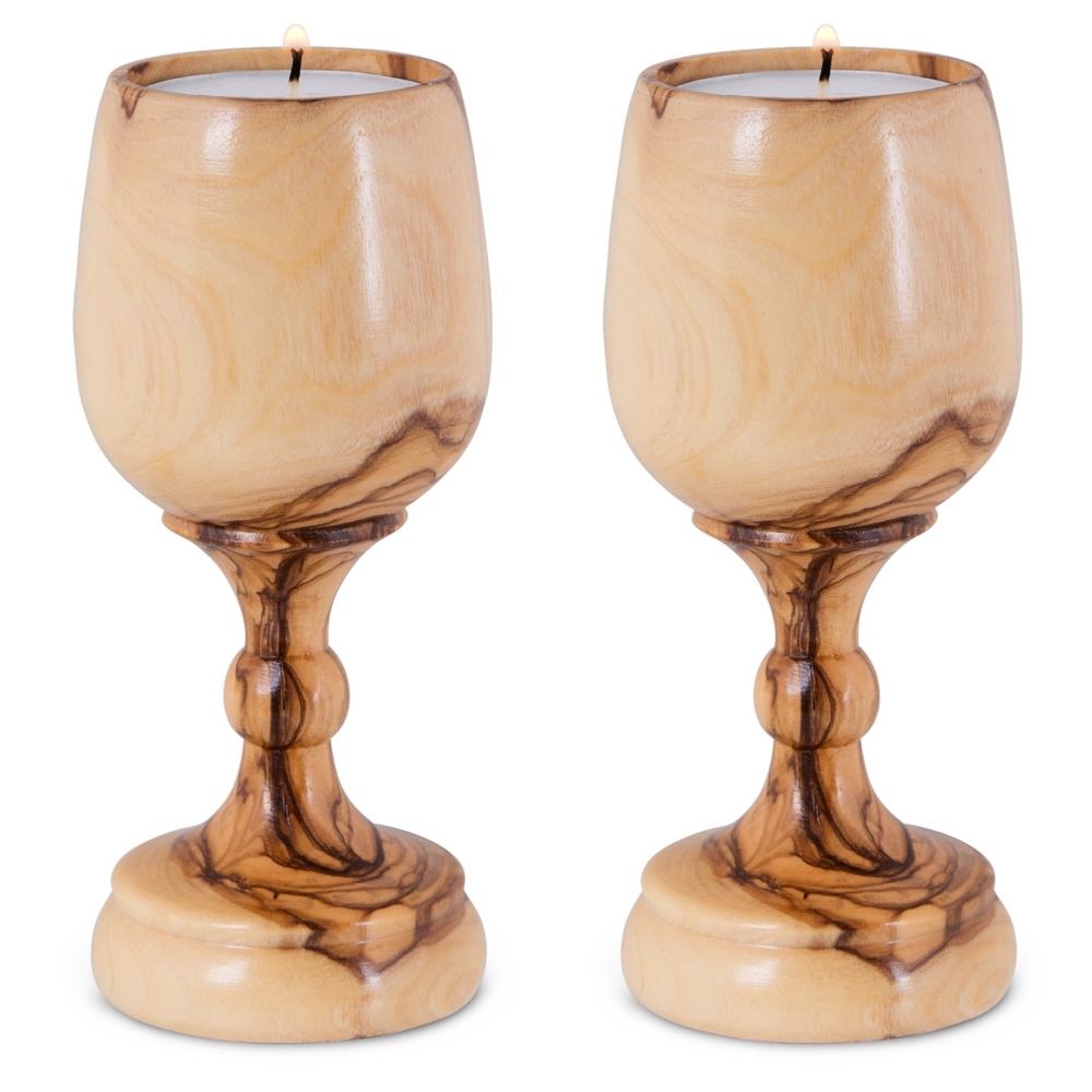 Natural Olive Wood Portable Candlesticks in Wine Glass Design - 1