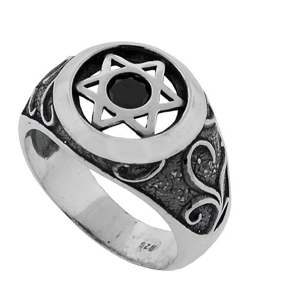 Ornate Sterling Silver Star of David Ring with Onyx - 1
