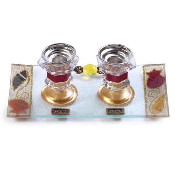 Painted Glass Candlesticks with Tray: Pomegranates (Red). Lily Art - 1