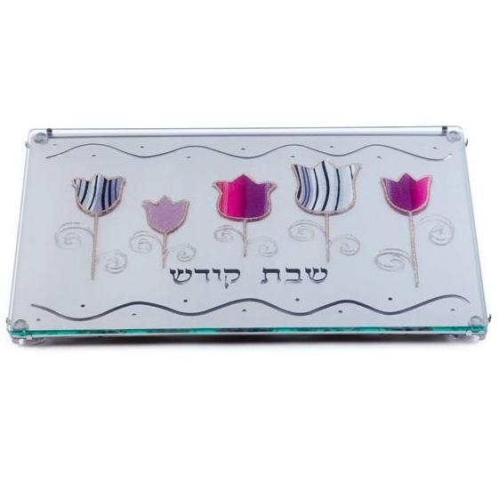 Painted Stainless Steel Challah Board: Purple Tulips. Lily Art - 1