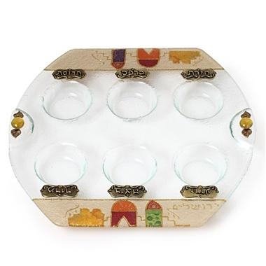 Painted Oblong Glass Seder Plate: Jerusalem. Lily Art - 1