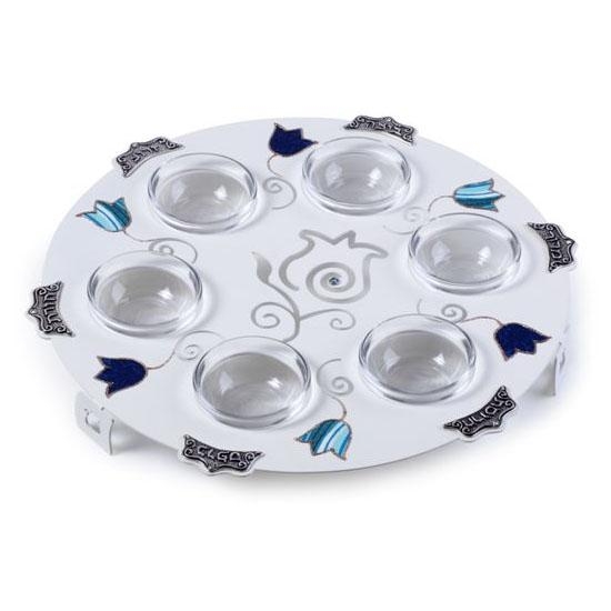 Painted Stainless Steel Seder Plate: Blue Tulips. Lily Art - 1