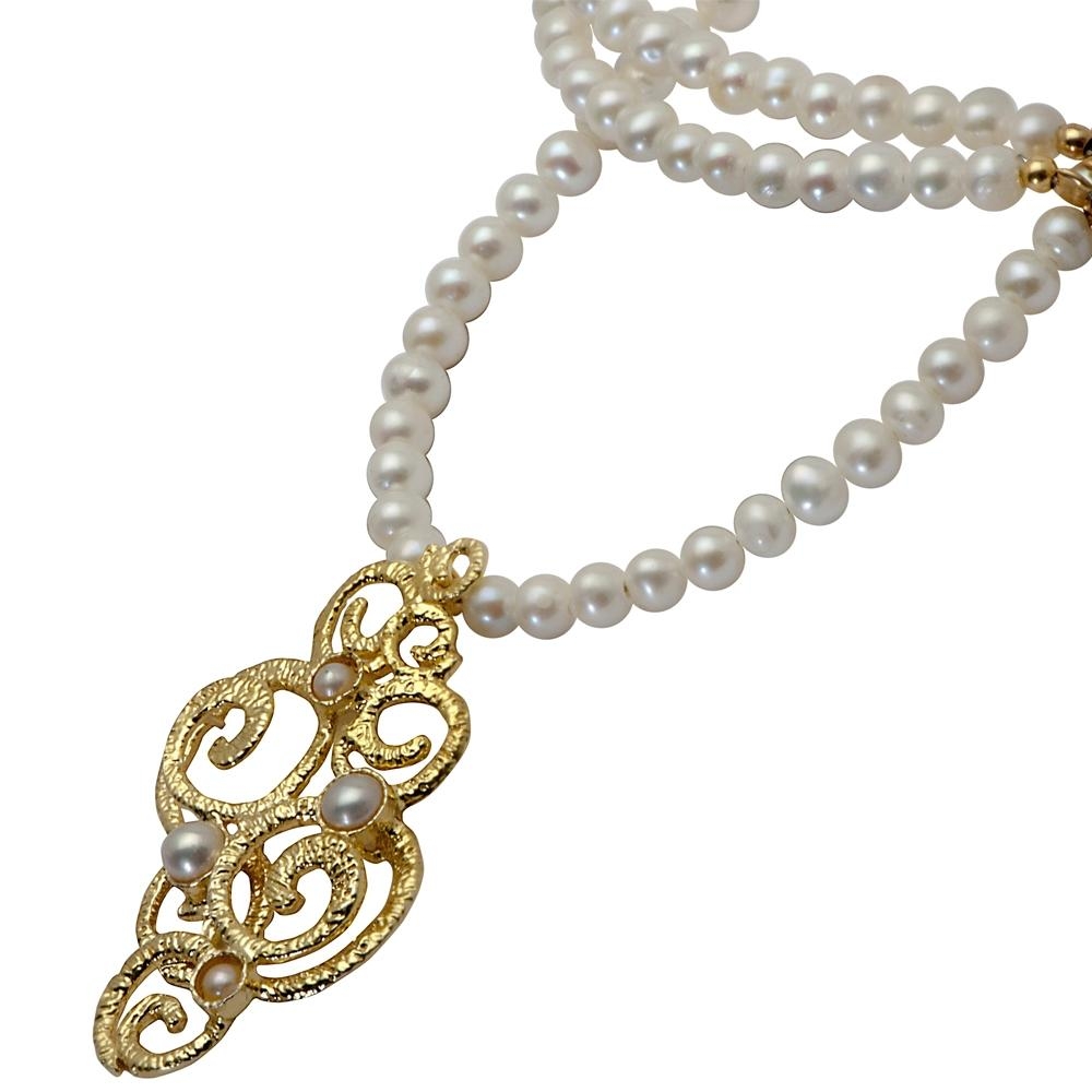 Pearls and Gold Plated Silver Ornament Necklace - 2