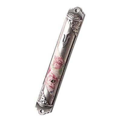 Pewter Decorated Mezuzah Case - Roses. Lily Art - 1