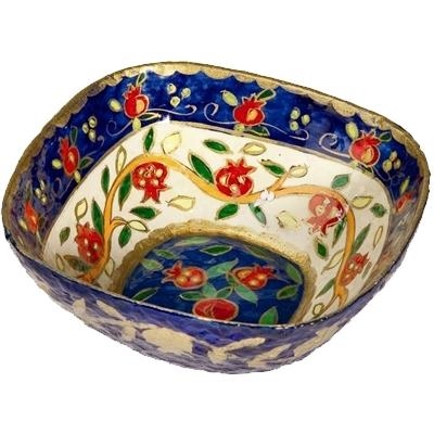 Pomegranates: Yair Emanuel Painted Lacquered Paper Mache Large Squared Serving Bowl (White) - 1