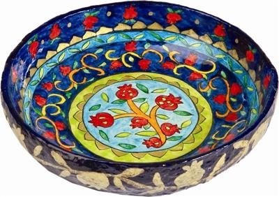 Pomegranates: Yair Emanuel Painted Lacquered Paper Mache Small Round Bowl (Blue) - 1