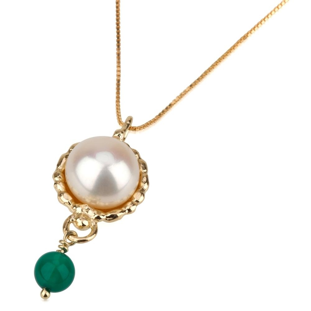 Queen Helene: Pearl and Green Agate Brass Necklace - 1