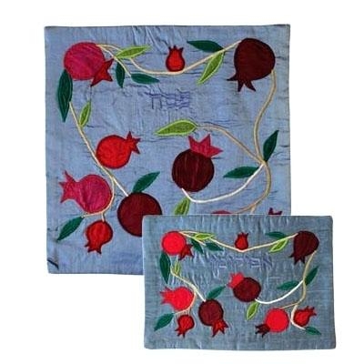 Raw Silk Appliqued Matzah Cover and Afikoman Bag Set- Pomegranate Vines (Blue) - 1