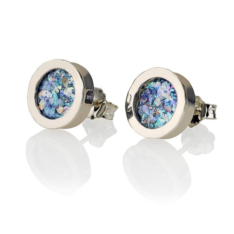 Roman Glass and Silver Circle Stud Earrings - 1