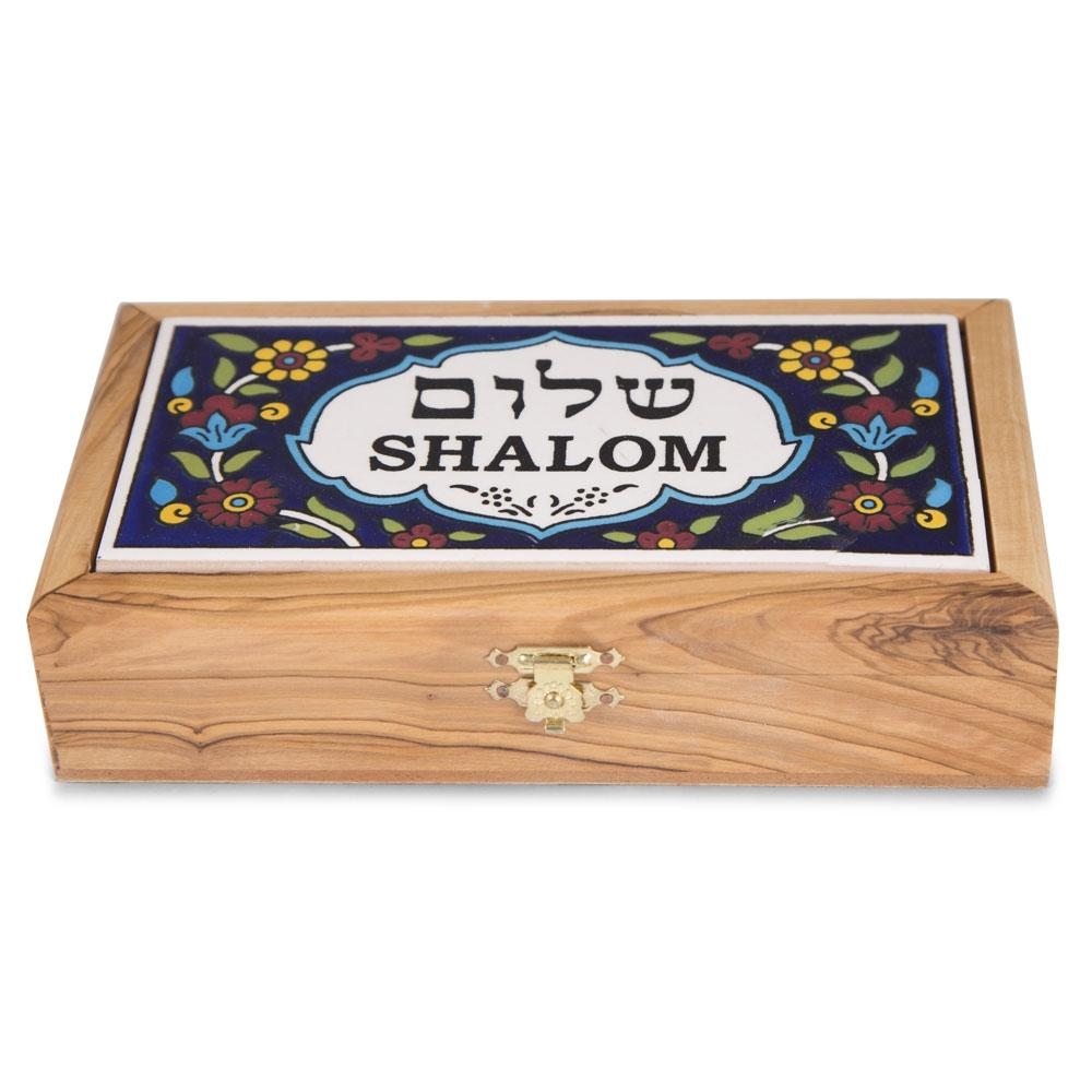 Shalom: Olive Wood & Armenian Ceramic Jewelry Box - 1