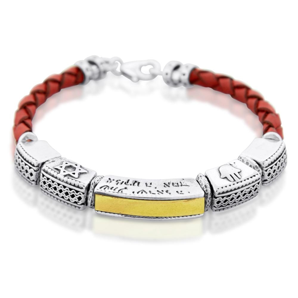 Shema Yisrael: Leather, Gold and Silver Unisex Bracelet with Star of David and Hamsa - 1