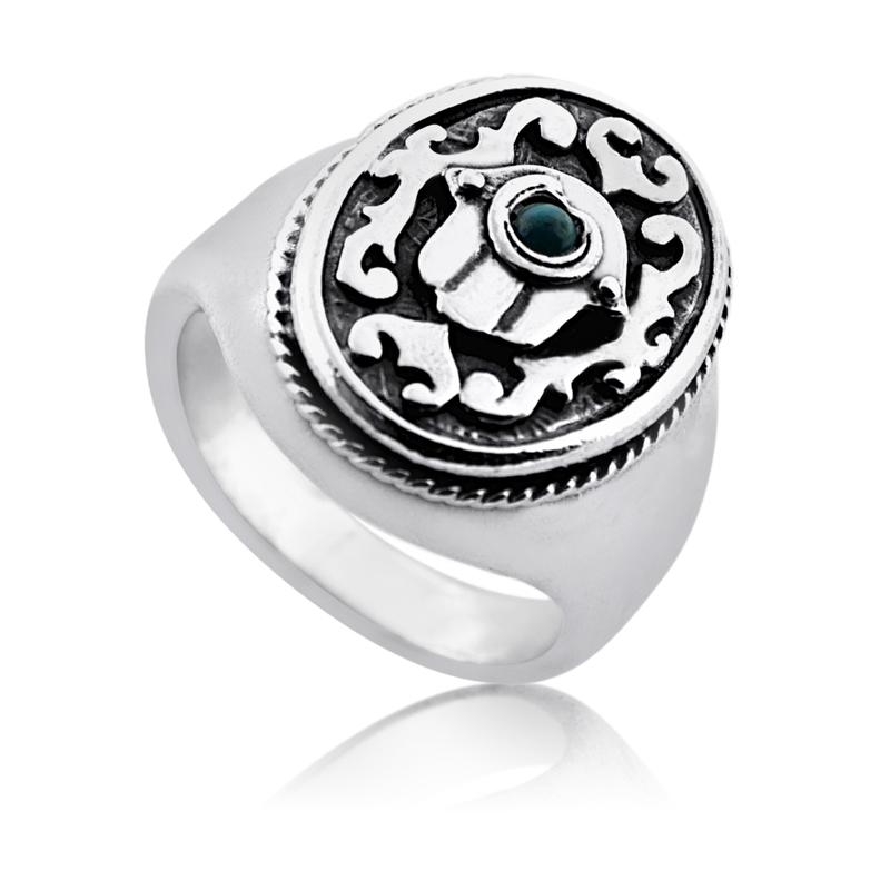 Silver Hamsa with Turquoise Gemstone Ring  - 1