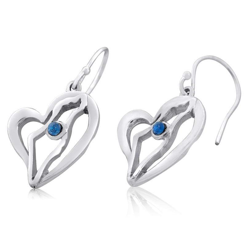 Silver Heart Earrings with Land of Israel Motif and Gemstone - 1