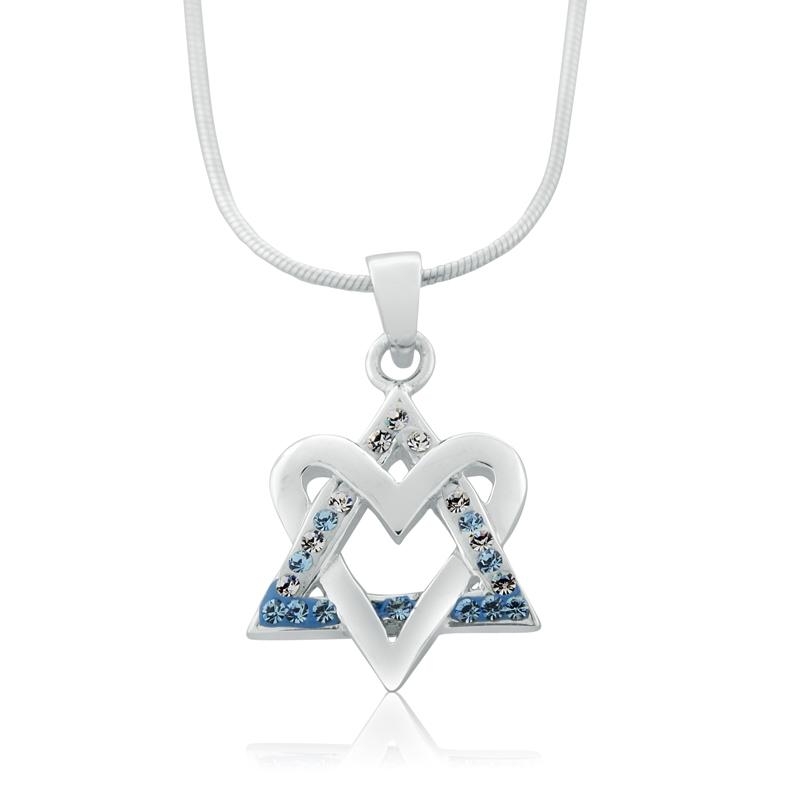 Silver Heart and Zirconia Interlocked Star of David Necklace - 2